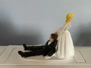 Cake Topper Bride Groom Wedding Reception Day Funny Bride Dragging Grooms cake