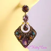Vintage Deco Filigree Bronze Ethnic Ornate Rainbow Gems Chandelier Drop Earrings