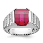 14k White Gold Men's Created Ruby and 1/5 carat Diamond Complete Ring