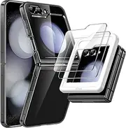 [JETech] 3 in 1 Case for Samsung Galaxy Z Flip 5 with 2-Pack Tempered Glass Front Screen Protector, Crystal Transparent Hard PC Shell Protective Phone Cover (Black)