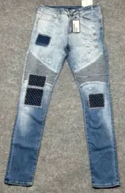 Rue21 Jeans Mens 34X32 Blue Denim Extreme Flex Stacked Skinny Stretch Patch New