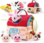 Rayouth Baby Toys 6-12 Months, Soft Barn House with 6PCS Stuffed Farm Animals, Sensory Montessori Toy for Toddlers 1-3, Rattle, Crinkle Sound & Mirror, Infant Boys Girls Developmental Birthday Gifts