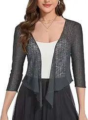 [CHICGAL] Women Crop Cardigan Sheer Mesh Bolero Shrug for Dress Tie Front 3/4 Sleeve Tops