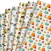 Whaline 12 Sheet Camping Wrapping Paper Tent Bear Tree Mountain Gift Wrap Paper Folded Flat DIY Craft Art Paper for Camp Theme Party Decor Wrapping Supplies