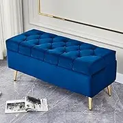 Modern with Storage Gold Legs Velvet Button-Tufted Upholstered Foot Stool Shoe Changing Stool for Living Room Bedroom Entryway Hallway-Blue 100x40x45cm(39x16x18inch)