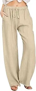 [Generic] Linen Pants Woman Summer Wide Leg Pants Drawstring High Waist Loose Fit Comfy Lounge Trousers with Side Pockets 2025