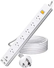 Power Board with1.5M Extension Cord, Power Strip Surge Protector, 6 Widely AC Outlets 2 USB, 240V/10A, Wall Mount for Home, Office, Travel