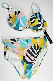 Tahari Bikini Set NWT Bold Large Padded Push Up Twist Top XL High Waist Bottoms