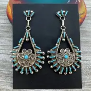 Zuni Needlepoint Turquoise Teardrop Dangle Earrings, Sterling Silver, PHILANDER