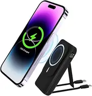DOKYW Magnetic Power Bank, 10000mAh Wireless Portable Charger with Built in Cable, Slim Battery Pack for iPhone 16/15/14/13/12 Series,with Stand,Black