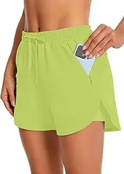 [Hooxum] Womens Running Athletic Shorts - 2 in 1 Shorts High Waisted Workout Gym Casual Shorts Mesh Liner Zipper Pockets, Neon Green, 3X-Large