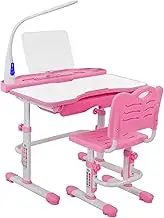 Manual Height Adjustable Kids Desk and Chair Set, Writing Table with Eye Protection LED Lamp ＆ Reading Bookstand, Children Study Desk Adjusted