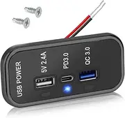Snblzhef 3 Ports 12V USB Outlet Charger, PD3.0 Type C, QC 3.0 USB A & 2.4A USB A Fast Charger Socket Adapter for Car Marine