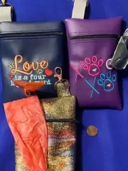 Lot 3 New POO BAG HOLDERS dog care Large zipper Purple + Love 4 legged + Glitter
