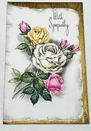 Vintage With Sympathy Card Roses Flowers Textured Ribbed Stock Gold Trim MCM
