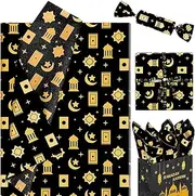 100 Sheets Eid Mubarak Tissue Paper, 20x14 Inches Blue Gold Moon Star Gift Wrapping Tissue Ramadan Kareem Eid Al-fitr Art Decorative Tissue for Islamic Muslim Party Favors (Black)