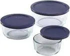 Pyrex Simply Store Glass Round Food Container Set with Blue Lids (6-Piece) NEW