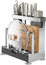 Vilemoon Multifunctional Cutting Board, Knife Drying Rack Kitchen Countertop Pot Lids Organizer, Knife Block Holder with Drain Tray Utensil Holders Bakeware Cookware Chopping Board Storage Stand