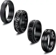 [FIBO STEEL] 4Pcs Black Spinner Rings for Men Women Fidget Rings Cool Chain Inlaid Stainless Steel Stress Relieving 8mm Wide Wedding Promise Band Rings Set Size 6-13