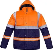 [trending babz] Hi Vis Two Tone Workwear Water Resistant Jacket Hooded Detachable Reflective Utility High Visibility Viz Outerwear Quilt Lining Lightweight