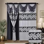 YHSF Traditional Floral Jacquard Window Curtain Set with Attached Fancy Valence 2 Pcs Set with Sheer Backing and Two Tassel Tie Backs for Living Room, Bedroom, Kitchen, Dining Room Black Color
