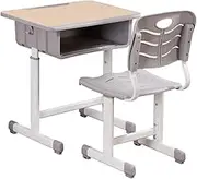 ShowMaven Student Desk and Chair Combo, Height Adjustable Children's Desk and Chair Workstation with Drawer, Pencil Grooves and Hanging Hooks for Home, School and Training (Light Grey&White Oak)