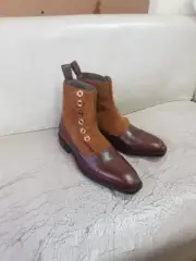 Superb Bespoke Brown Leather & Mustard Suede Smart Casual Ankle Button Boot