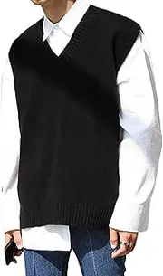 [SWJGLITTR] Mens V-Neck Knitted Sleeveless Wool Blend Knit Sweater Vest Solid Plain Loose Pullover Vests, Black, Large
