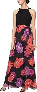 [S.L. Fashions] Women's Long Mixed Media Maxi Halter Dress with Printed A-line Skirt and Tie Belt