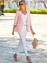 Sosandar Pink Linen Blend Longline Blazer With Pearl Buttons (Q61051) | $205