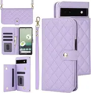 SsHhUu Crossbody Wallet Case for Google Pixel 6A,with Wrist Strap Shockproof PU Leather RFID Blocking Card Holder Double Magnetic Clasp Flip Kickstand Cover for Women Men,Purple