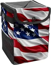 Car Trash Can with Lid and Storage Pockets Leak-Proof Organizer,Waterproof Garbage Can,American Flag