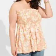 Torrid Top 5X Tube Smocked Hi Lo Floral Peach Soft Slub Plus Size Layering NWT