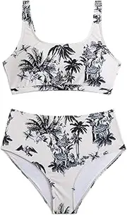 [Savarana] Women's High Waisted Bikini Sets Two Piece Swimsuit Cheeky Scoop Neck Swimwear High Cut Sporty Bathing Suits, A_black Tree, Small