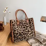 Women's Leopard Print Faux Fur Tote Bag with Brown Leather Handles - Stylish and Spacious for Daily Use
