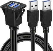 BATIGE Dual Ports Square USB 3.0 Panel Flush Mount Extension Cable 1ft, Black