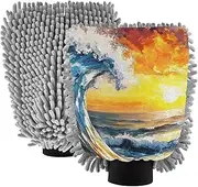 XYMZR Waves Sunset Landscape Absorbent Microfiber Car Wash Mitt, Funny Cute Anime Scratch Free for Cars Cleaning, Home Cleaning Mitts, 2 Pack, 10.24” L x 7.09” W