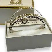 NWT Anne Klein Two-Tone 3-Pc. Set Crystal Heart Bangle Bracelets in Gift Box NEW