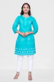 Summer Dress Women Cotton Kurtis Chikan Aari Net Embroidery Top Ladies Shirt Tee