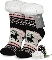 [Burning Bird] Cottage Socks Cuddly Socks Stopper Socks with Pattern One Size UK 6-8 - Fluffy Warm Lined Socks - ABS Non-Slip Nubs - Christmas Socks, Winter Socks, Wool Socks, Reindeer Black One Size,