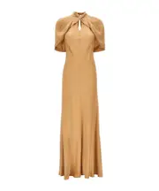 Alberta Ferretti Open Back Mock Neck Satin Dress IT40,IT42 Beige
