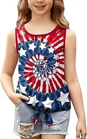 [IIMMER] July 4th Girls Patriotic Sleeveless Tie Knot Front Tank Top Heart Stripes Tee Stylish Stars Clothes 4-14 Years, Blue & Red | Stars Tie Dye, 14 Years