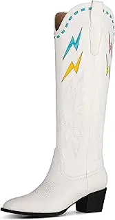 [Synchoiss] Cowboy Boots for Women Slip on Knee High Cowgirl Boots with Classic Embroidered Chunky Heel Pointed Toe Tall Western Boots