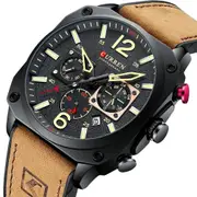 Brown Quartz Wristwatches for Male Luminous Chronograph Dial Leather Clock Casual Sports Watch