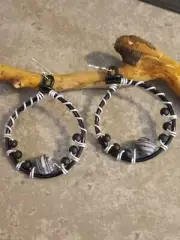 UNIQUE M/L BLACK WIRE HOOP/GREY BLACK STONE/BLACK BEAD/SILVER WIRE WRAP EARRINGS