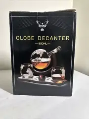 Whiskey Globe Decanter Set: 850ML, Etched With Glasses, Stand, Funnel, Stopper