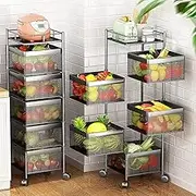 Kitchen Trolley Fruit Vegetable Organiser Holder Rotating Storage Basket Rack with Wheels Metal Rolling Utility Cart (5 Tier)