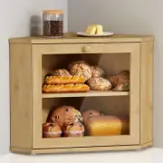 Bamboo Corner Bread Box for Kitchen Counter 2 Tier Bread Keeper Wooden Round