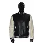 New Real Black & White Leather Varsity Letterman College Baseball Bomber Jacket