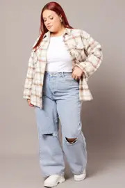 Beige Check Relaxed Shirt Long Sleeve Shacket 22